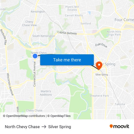 North Chevy Chase to Silver Spring map