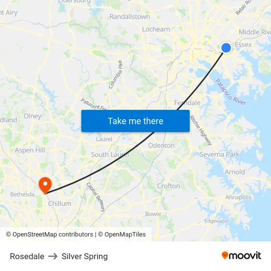 Rosedale to Silver Spring map