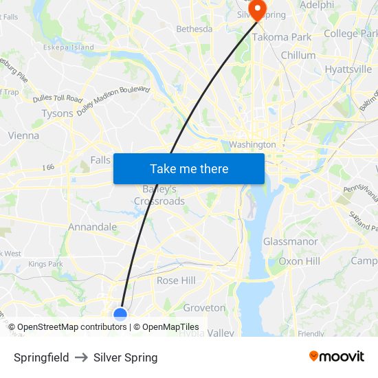 Springfield to Silver Spring map