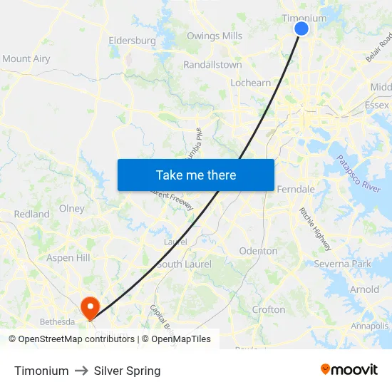 Timonium to Silver Spring map