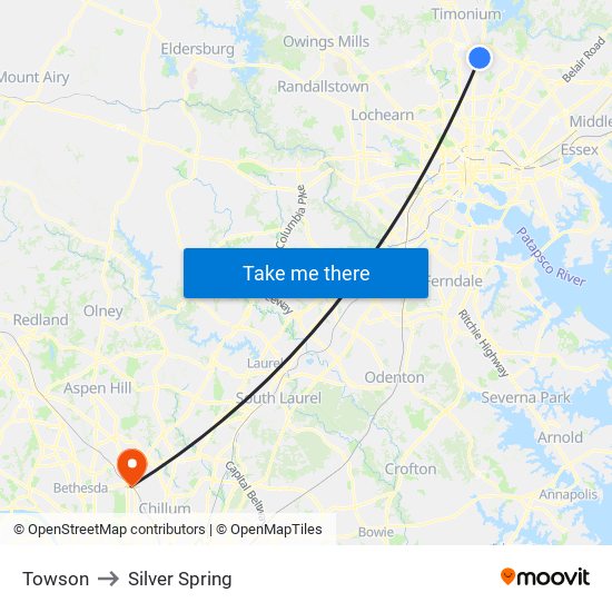 Towson to Silver Spring map