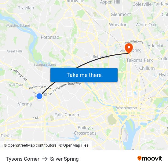 Tysons Corner to Silver Spring map