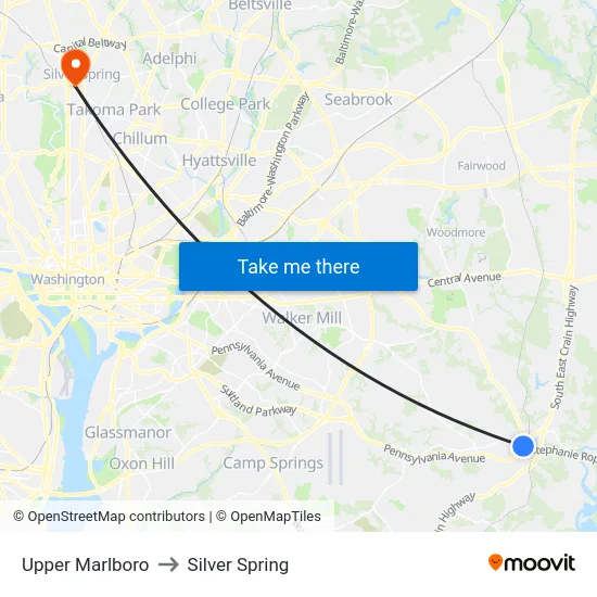 Upper Marlboro to Silver Spring map