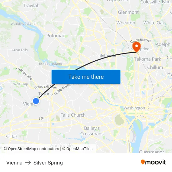 Vienna to Silver Spring map