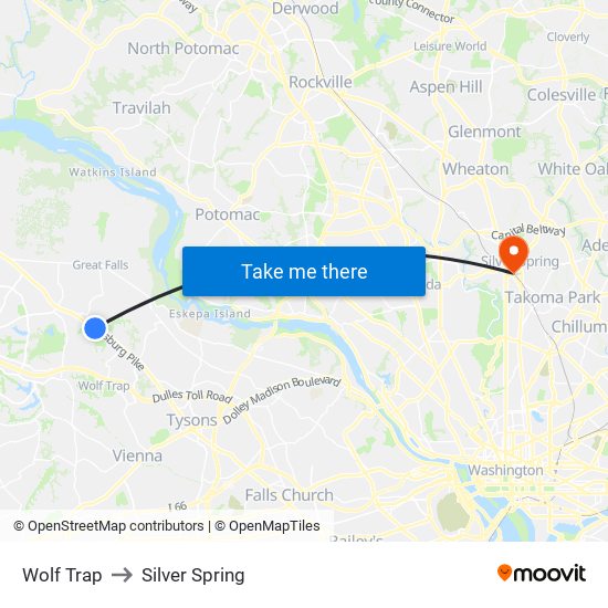 Wolf Trap to Silver Spring map