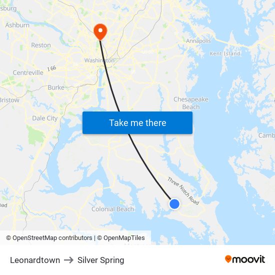 Leonardtown to Silver Spring map