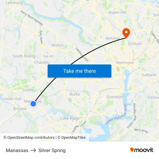 Manassas to Silver Spring map
