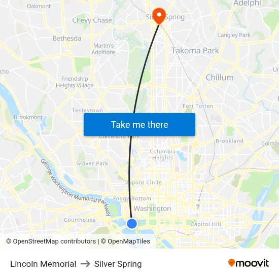 Lincoln Memorial to Silver Spring map