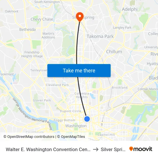 Walter E. Washington Convention Center to Silver Spring map