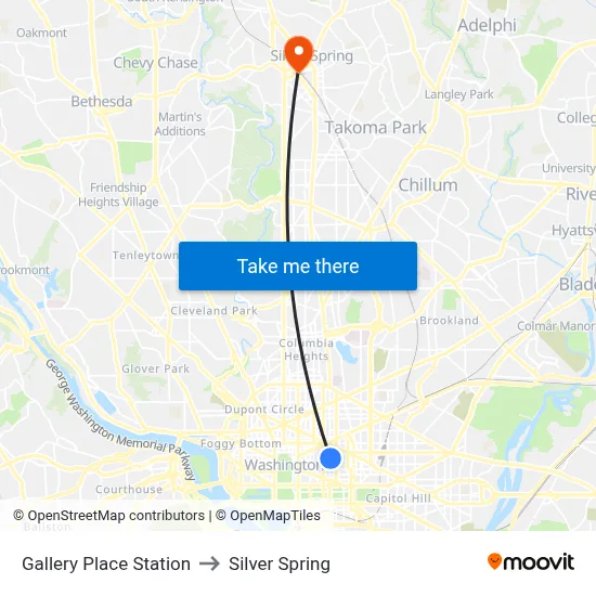 Gallery Place Station to Silver Spring map