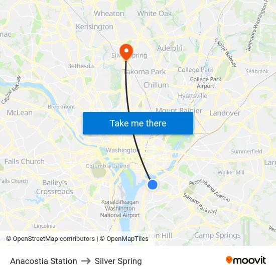 Anacostia Station to Silver Spring map