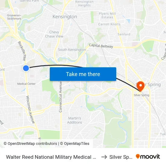 Walter Reed National Military Medical Center-NE to Silver Spring map