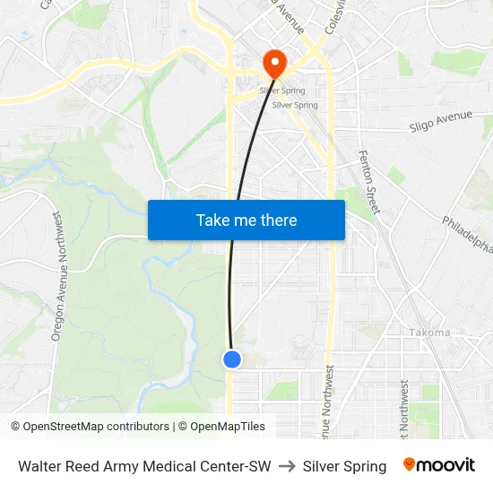 Walter Reed Army Medical Center-SW to Silver Spring map