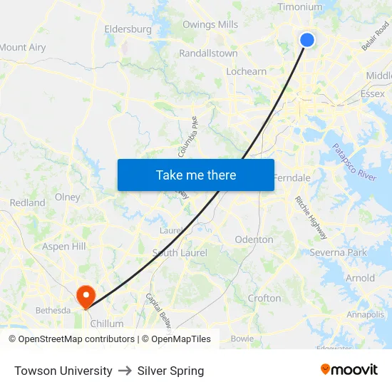 Towson University to Silver Spring map