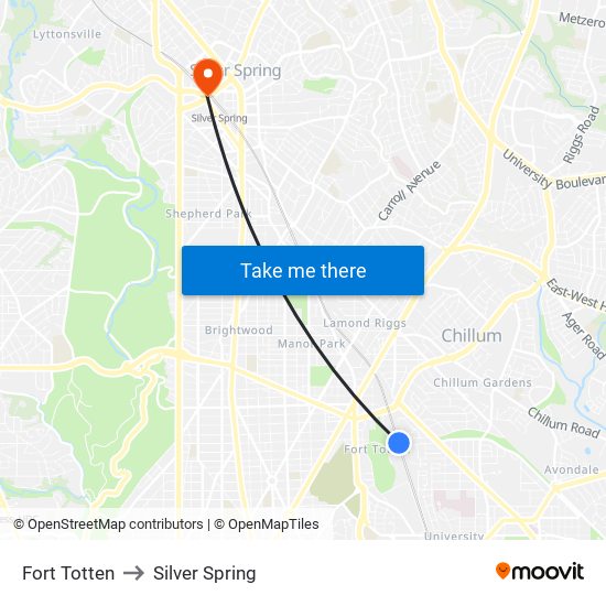 Fort Totten to Silver Spring map