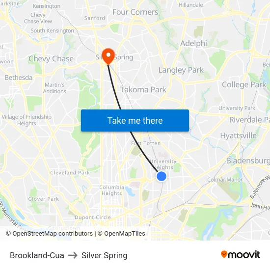 Brookland-Cua to Silver Spring map