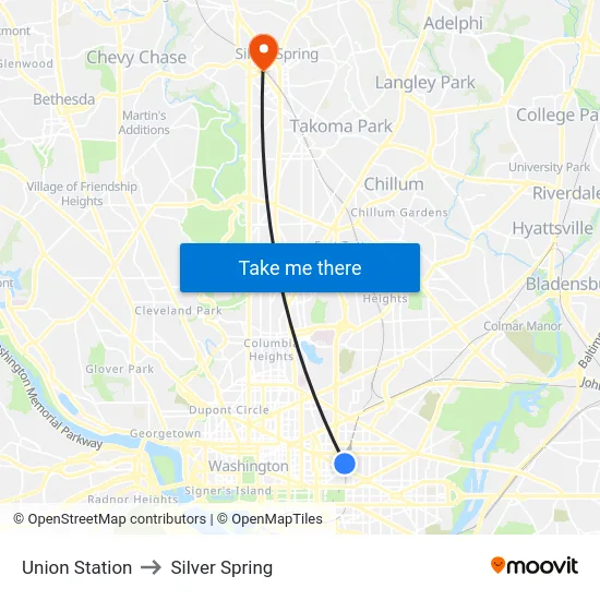 Union Station to Silver Spring map