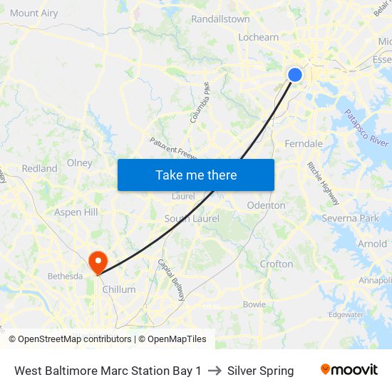 West Baltimore Marc Station Bay 1 to Silver Spring map