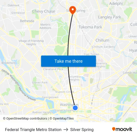 Federal Triangle Metro Station to Silver Spring map