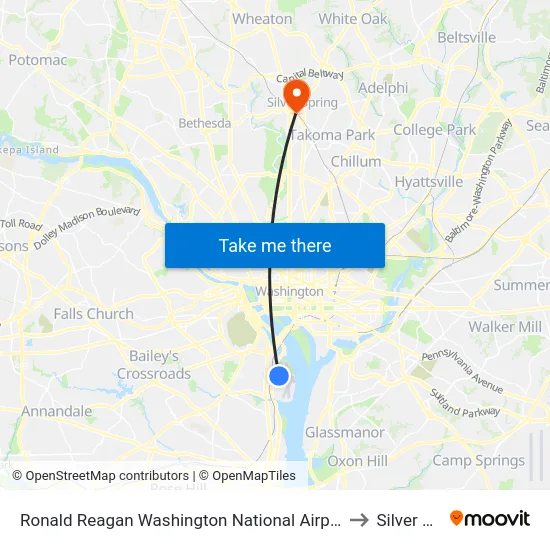 Ronald Reagan Washington National Airport Metrorail Station to Silver Spring map
