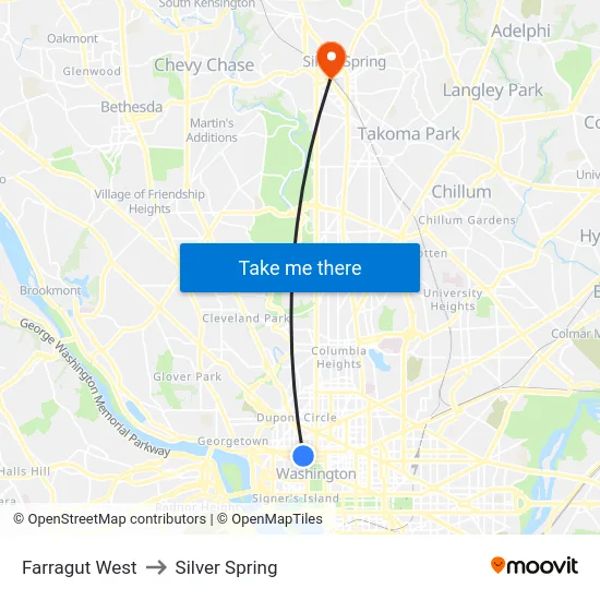Farragut West to Silver Spring map