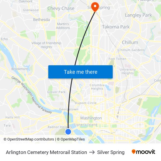 Arlington Cemetery  Metrorail Station to Silver Spring map