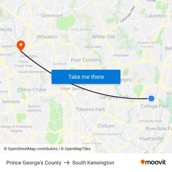 Prince George's County to South Kensington map