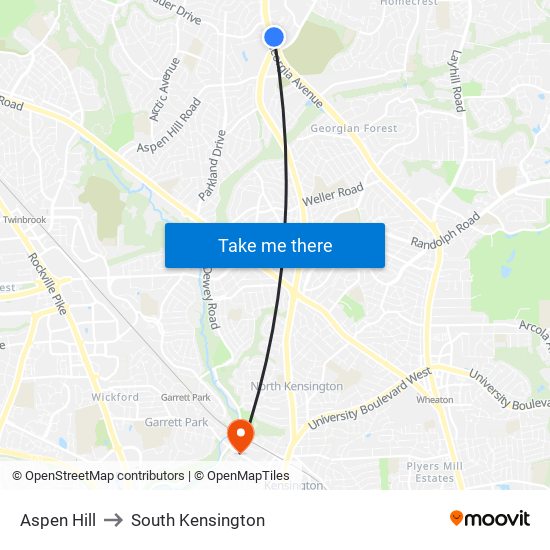 Aspen Hill to South Kensington map