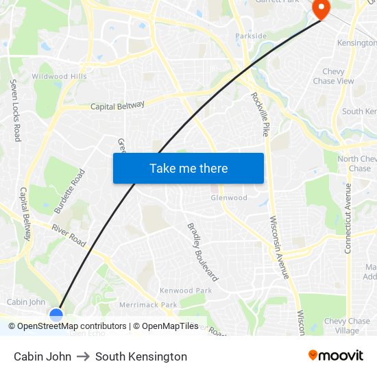 Cabin John to South Kensington map