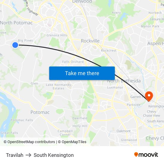 Travilah to South Kensington map