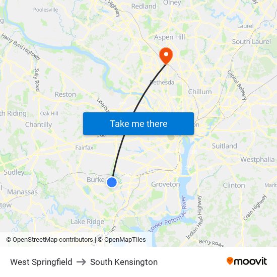 West Springfield to South Kensington map