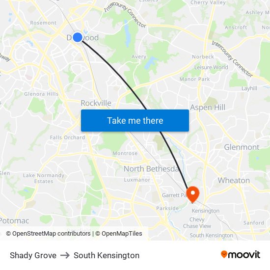 Shady Grove to South Kensington map