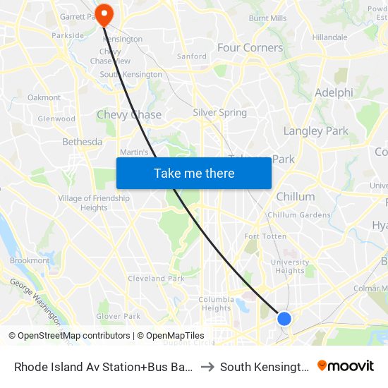 Rhode Island Ave-Brentwood+Bay D to South Kensington map