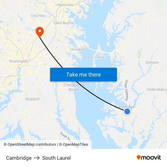 Cambridge to South Laurel map