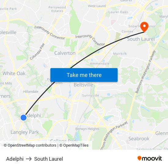 Adelphi to South Laurel map