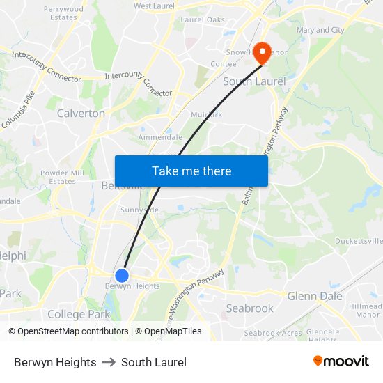 Berwyn Heights to South Laurel map
