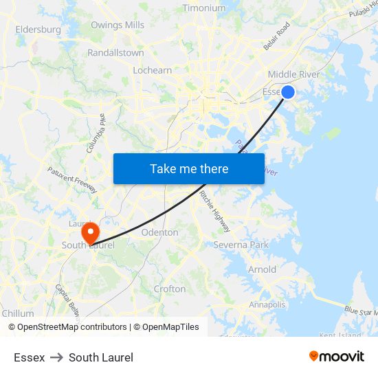 Essex to South Laurel map