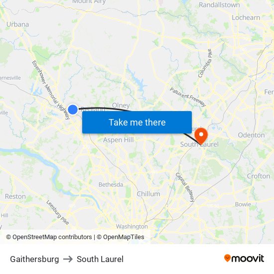 Gaithersburg to South Laurel map