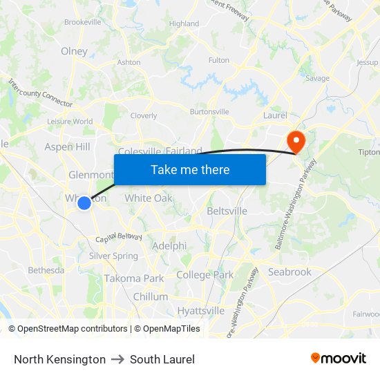 North Kensington to South Laurel map