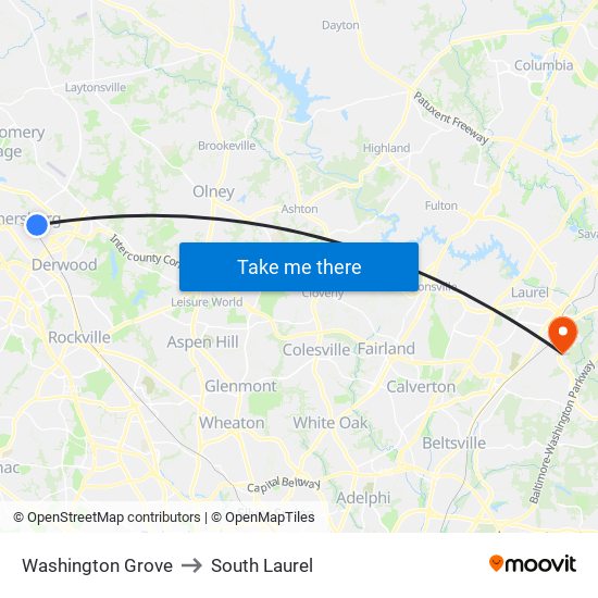 Washington Grove to South Laurel map