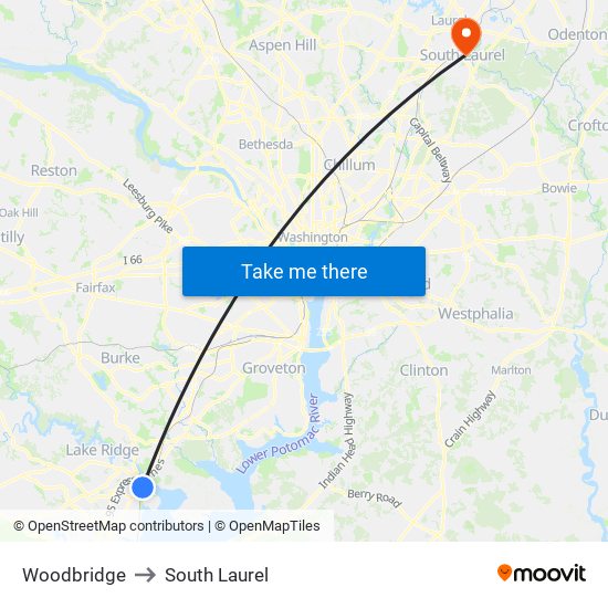 Woodbridge to South Laurel map
