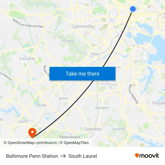 Baltimore Penn Station to South Laurel map