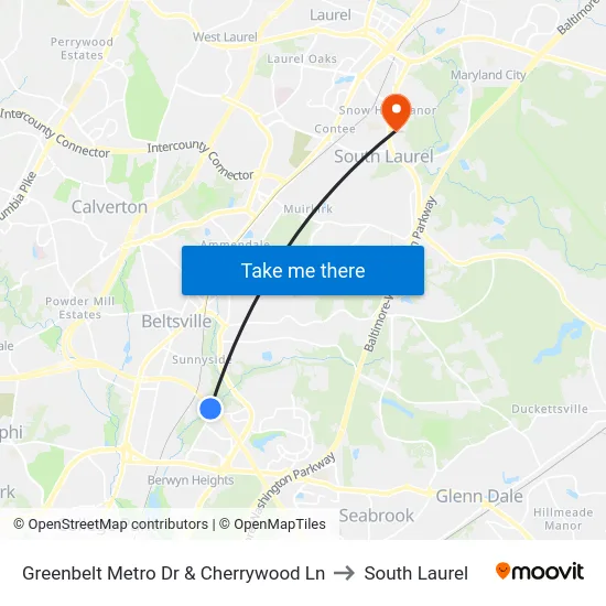 Greenbelt Metro Dr & Cherrywood Ln to South Laurel map