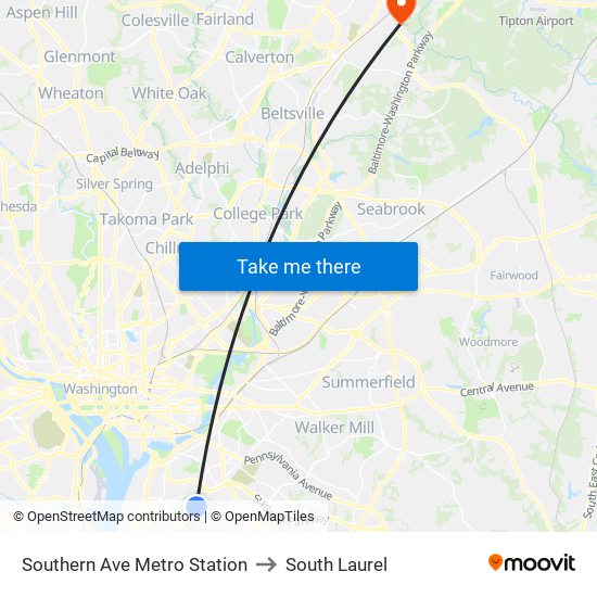 Southern Ave Metro Station to South Laurel map