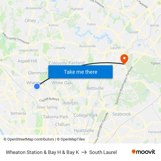Wheaton Station  & Bay H & Bay K to South Laurel map