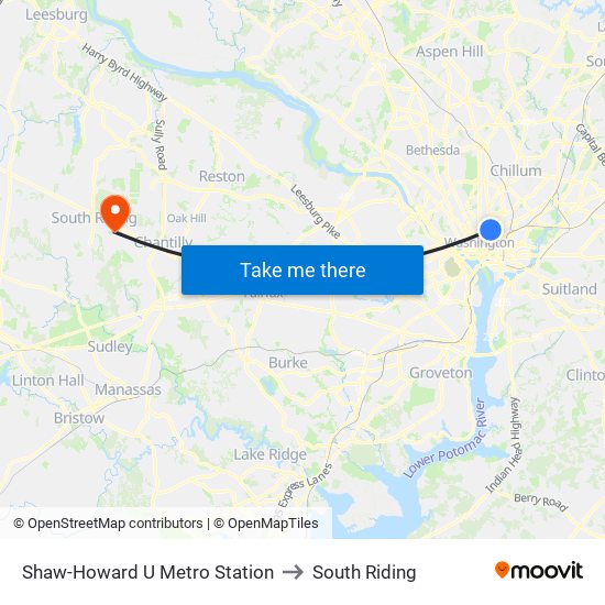 Shaw-Howard U Metro Station to South Riding map