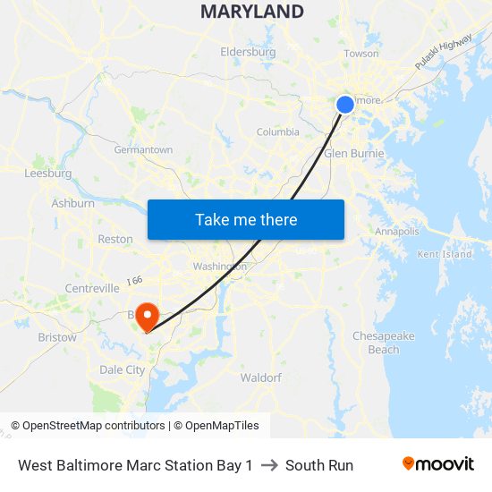 West Baltimore Marc Station Bay 1 to South Run map