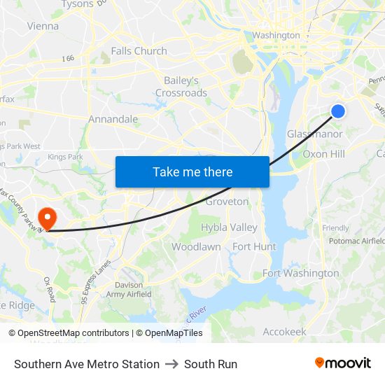 Southern Ave Metro Station to South Run map