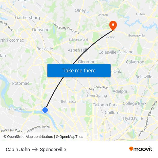 Cabin John to Spencerville map