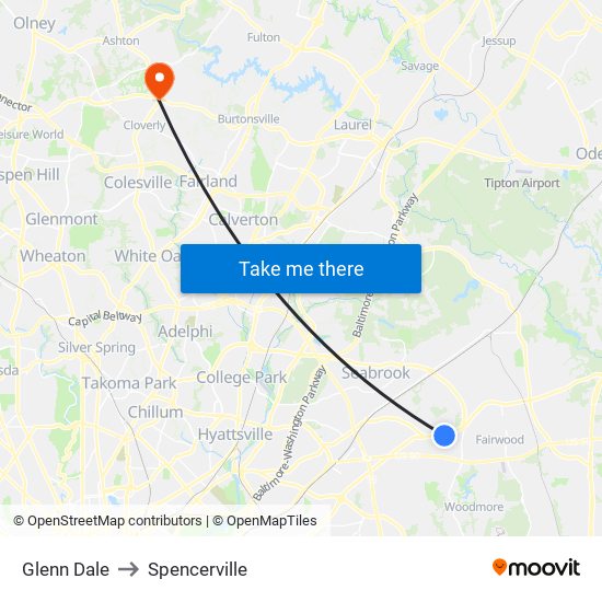 Glenn Dale to Spencerville map